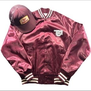 RARE Vintage 80s Bomber Jacket Mens M Maroon TBM FW Texas Snap WITH Matching Hat